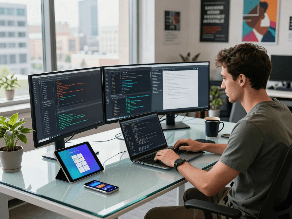 Développeur travaillant sur Atlas pro ontv dans un bureau moderne rempli de technologies.