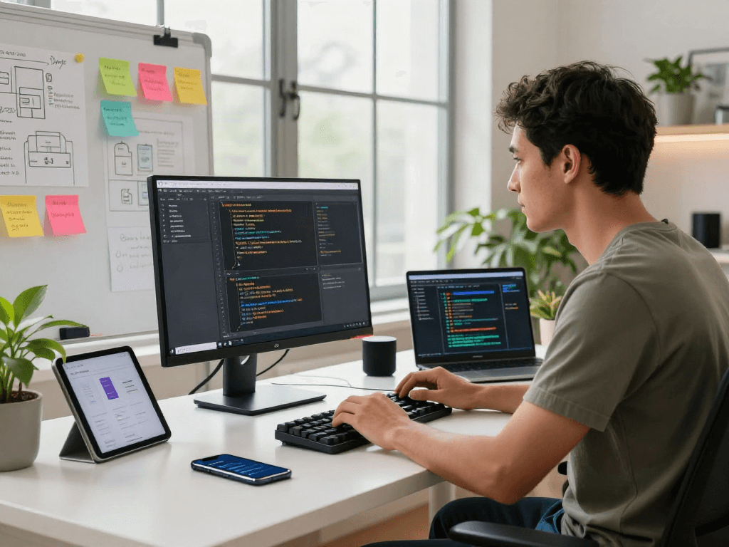 Développeur logiciel travaillant sur l'application Atlas pro ontv dans un bureau moderne, entouré de technologie.