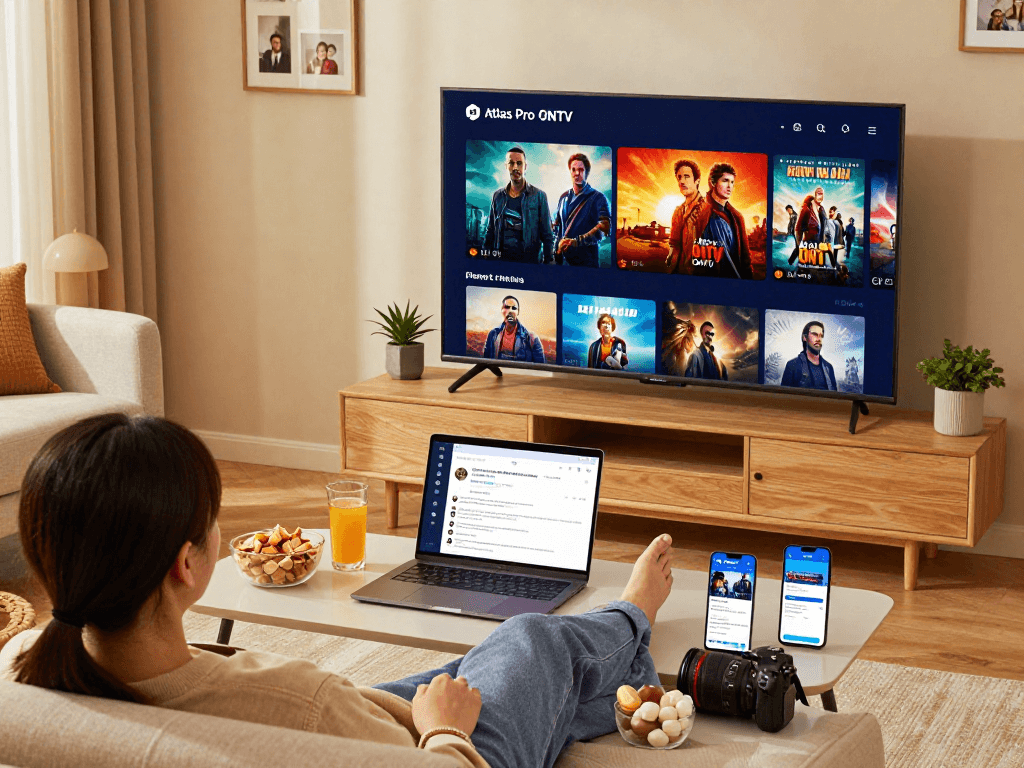 Configuration de divertissement à domicile avec Atlas Pro ONTV sur une Smart TV, ambiance chaleureuse.