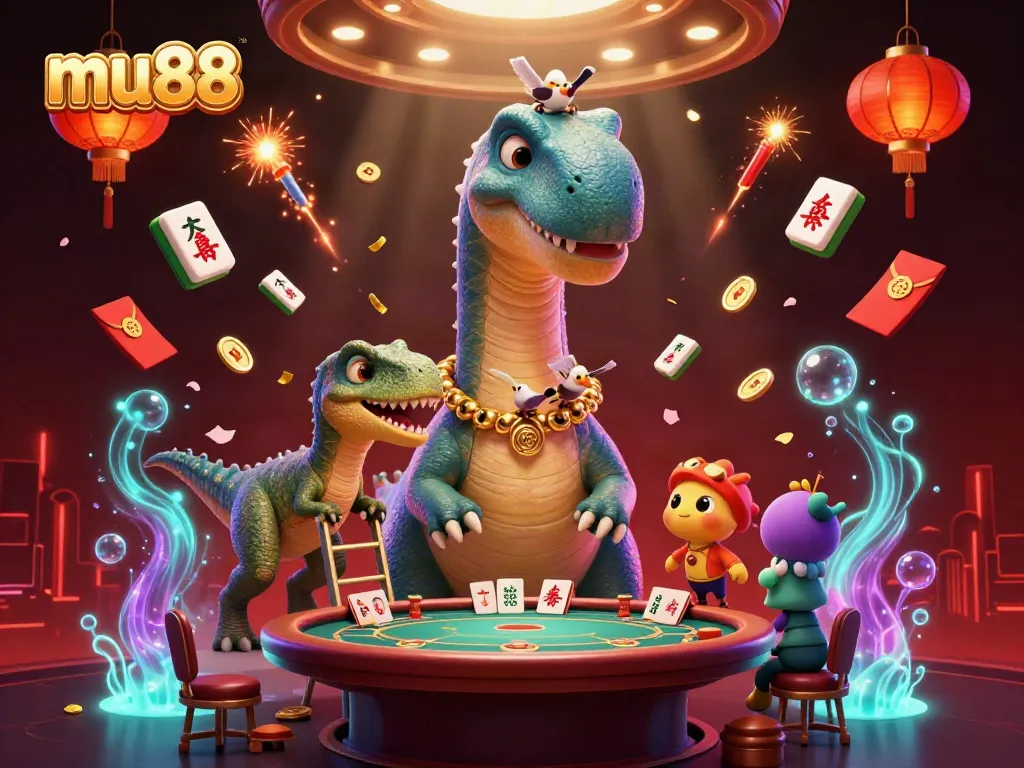 Experience the excitement of mu88 with a giant brontosaurus overseeing a vibrant casino scene filled with festive elements.