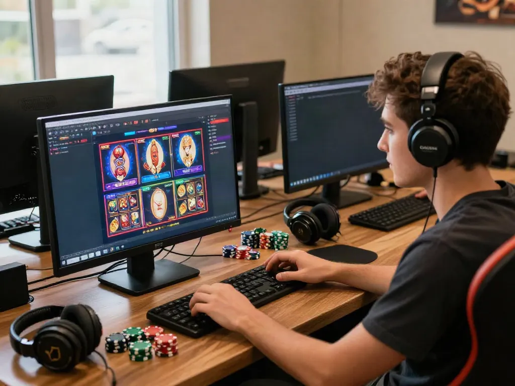 Expérience de jeu Casino Gratuit sans dépôt sur un bureau moderne avec des accessoires de jeu.