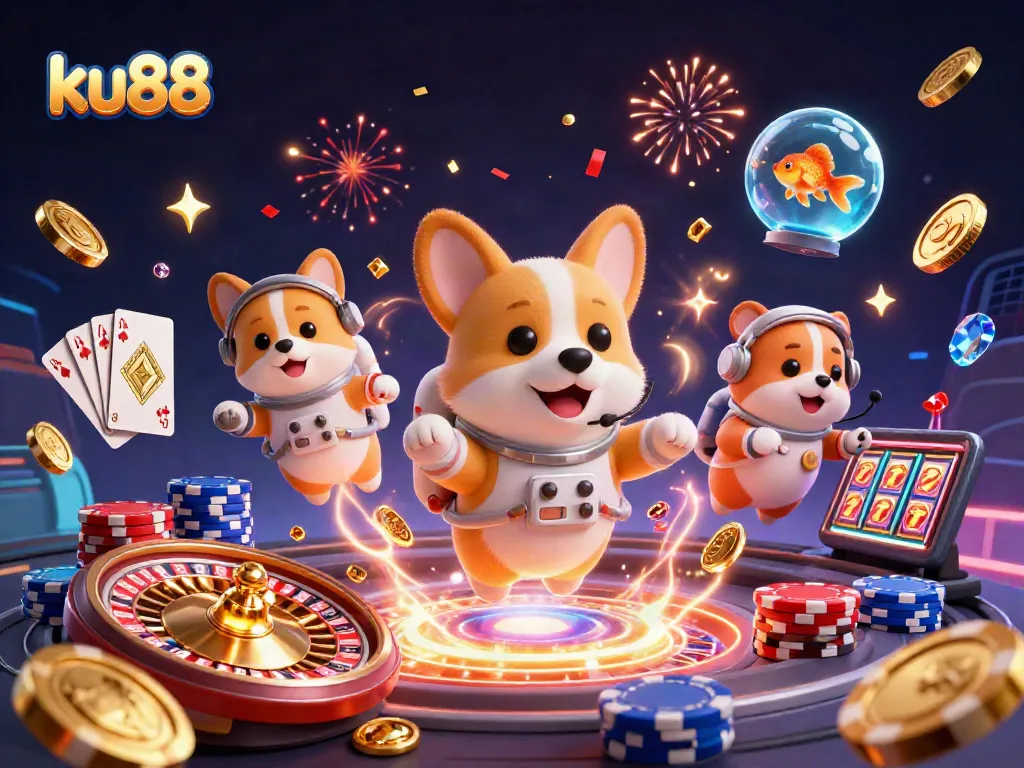 ku88's vibrant casino scene showcases a floating corgi astronaut amidst dynamic gaming elements.