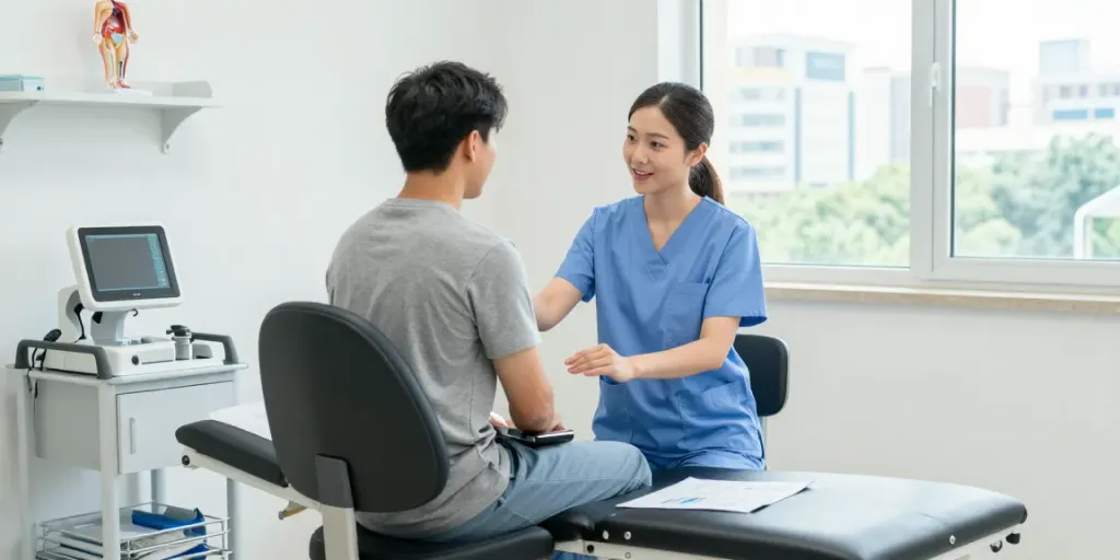 Siège médical avec revêtement adapté à la désinfection dans un cabinet médical moderne, avec médecin et patient.