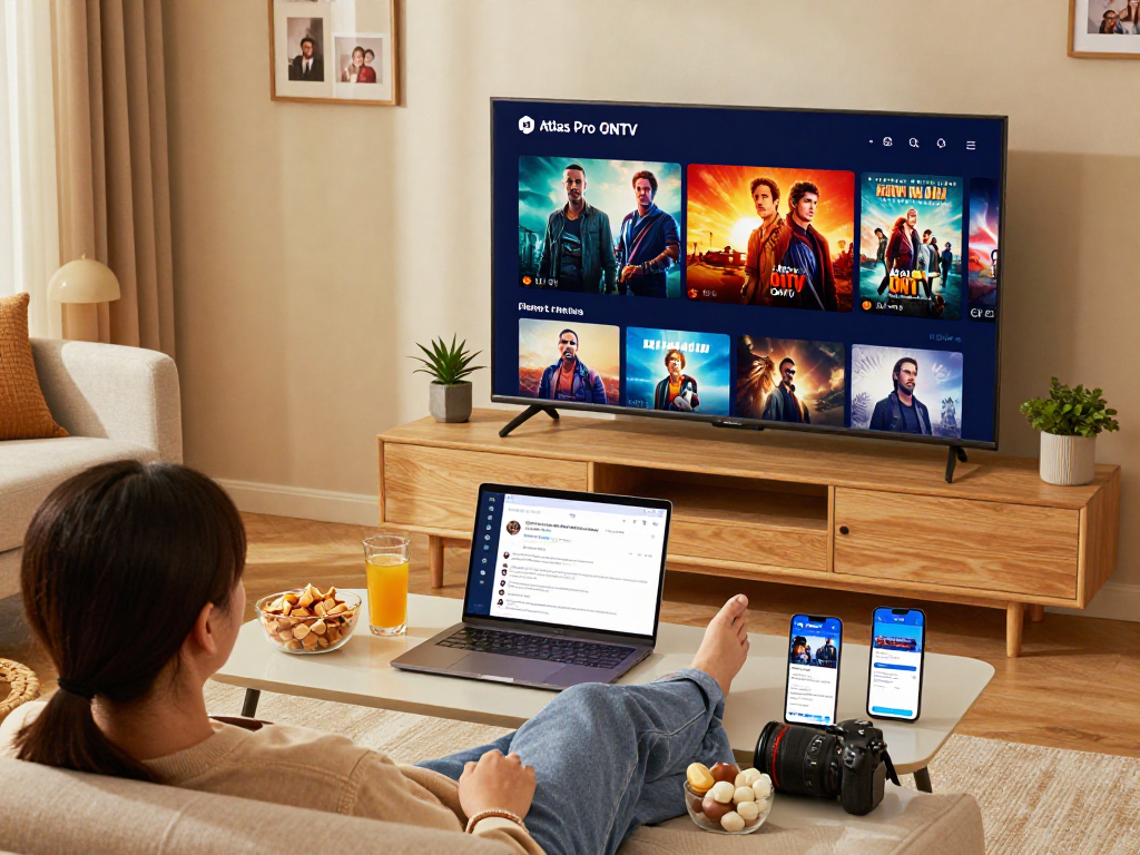 Configuration de divertissement à domicile avec Atlas Pro ONTV sur une Smart TV, ambiance chaleureuse.