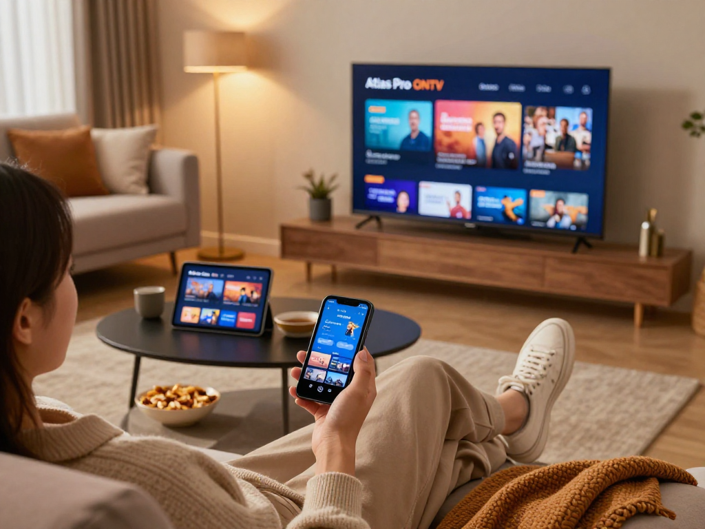 Vision de détente avec atlas pro ontv sur écran TV dans un salon moderne, mettant en avant une expérience IPTV fluide.