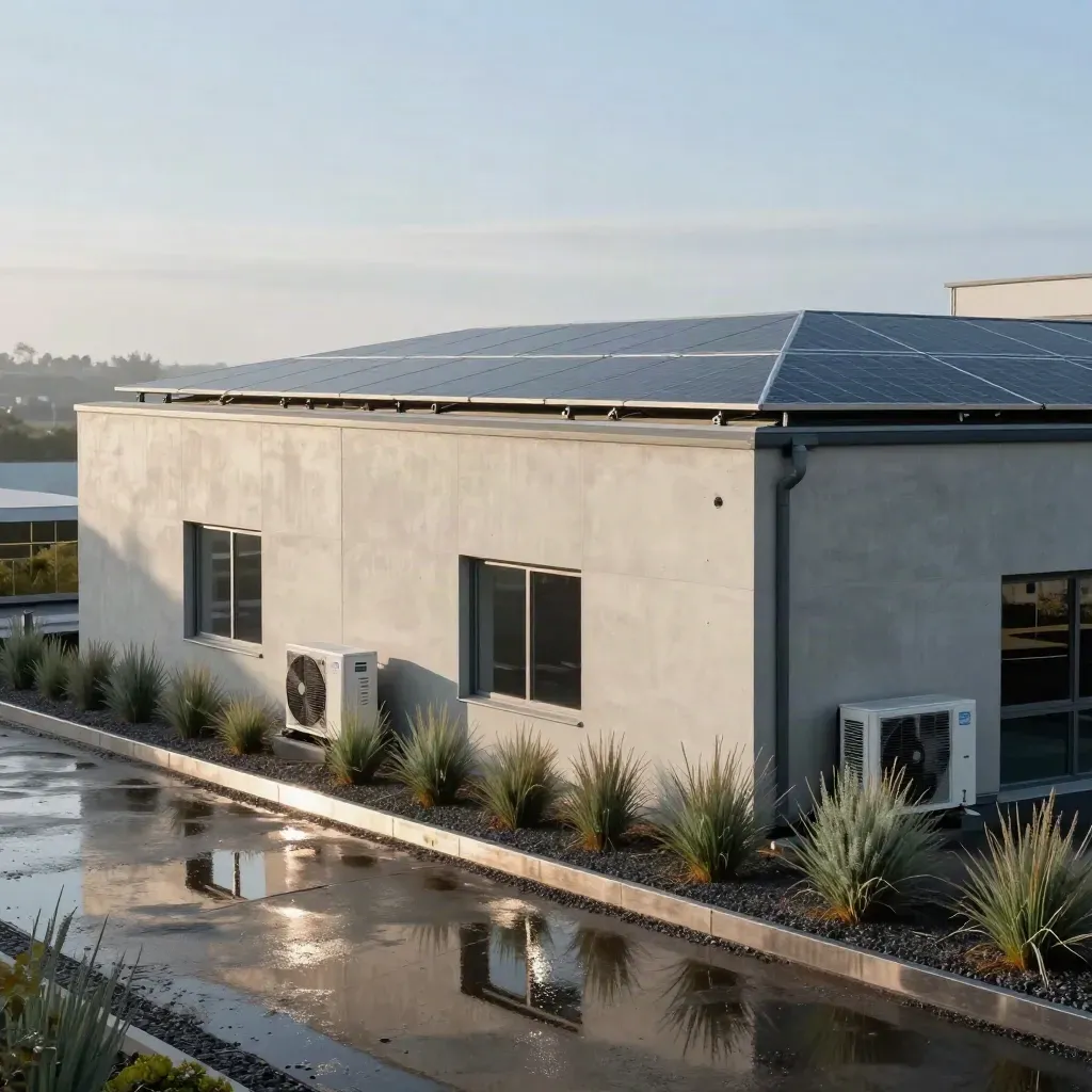 Bâtiment rénové avec panneaux solaires, pompes à chaleur et plantations natives après la pluie.