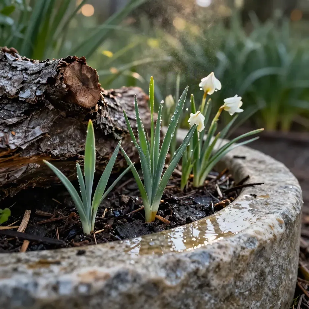 Macro d’une lisière biodiversité avec bois mort, jeunes plantes, bassin de pluie et gouttes d’eau.