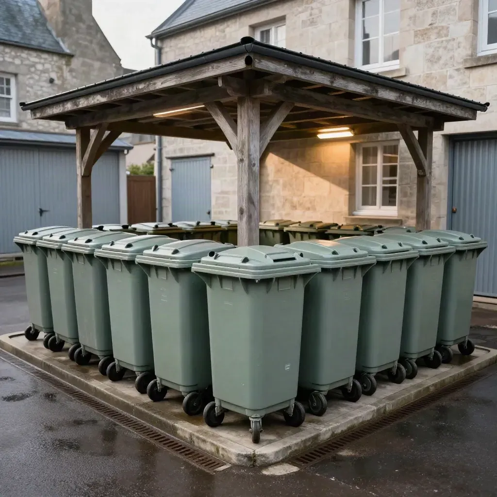 Cour de tri municipale bretonne avec bacs couverts, sol mouillé et lumière douce.