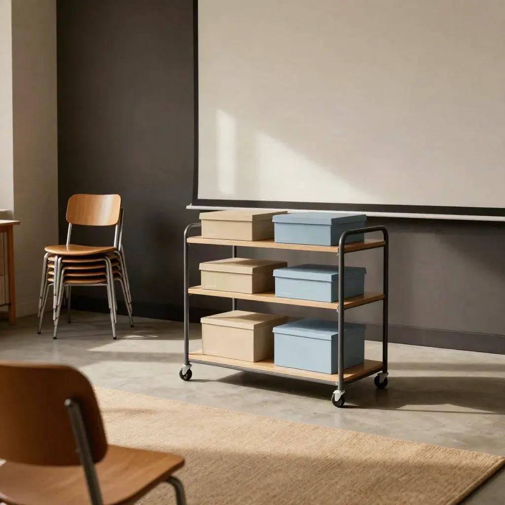 Salle de formation préparée avec chaises, chariot modulable et boîtes d’échantillons.