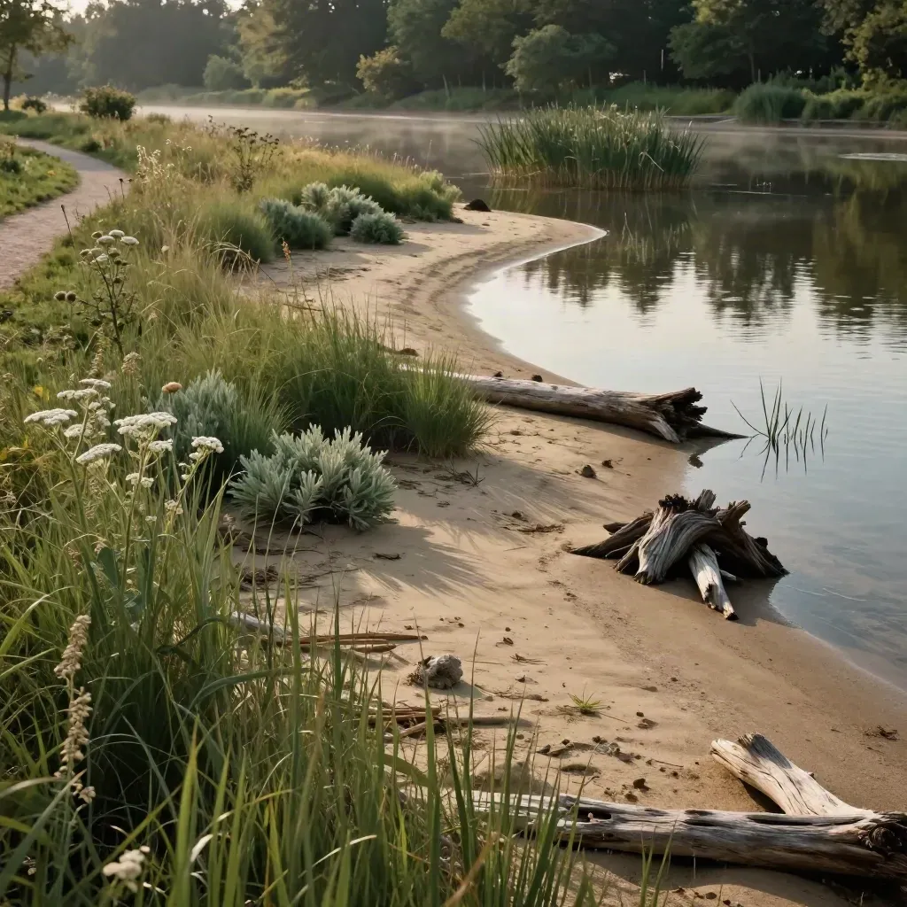 Bord de parc restauré avec prairie native, eau calme et bois mort, lumière douce.