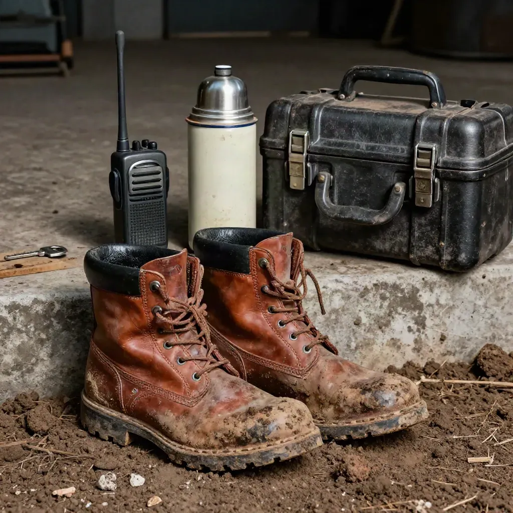 Des bottes boueuses, une radio de chantier, un thermos et une mallette de terrain sur un sol brut.