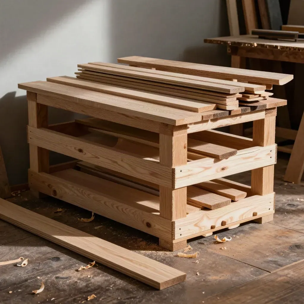 Atelier bois avec chutes réemployées triées dans des caisses, lumière chaude et poussière fine.