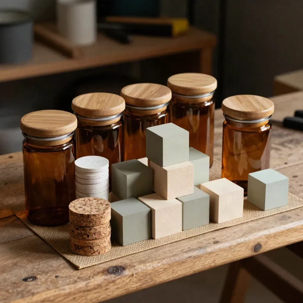 Kit pédagogique d’écologie avec bocaux d’échantillons et blocs matériaux, vue zénithale.
