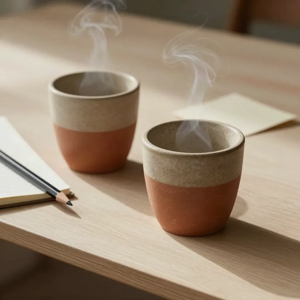 Deux tasses en grès fumantes, carnet fermé et crayon sur bois clair, lumière douce.