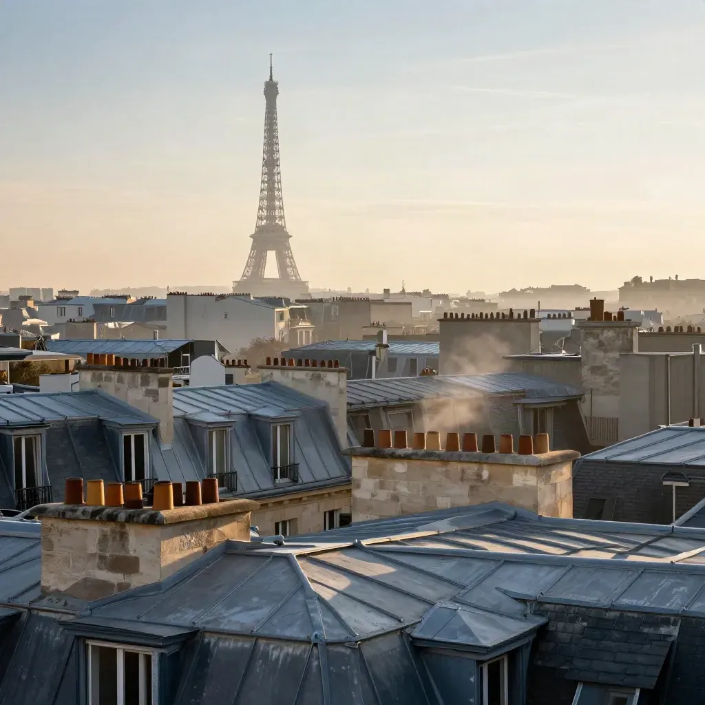 Toits parisiens brumeux avec la tour Eiffel au loin, lumière dorée de fin de journée.