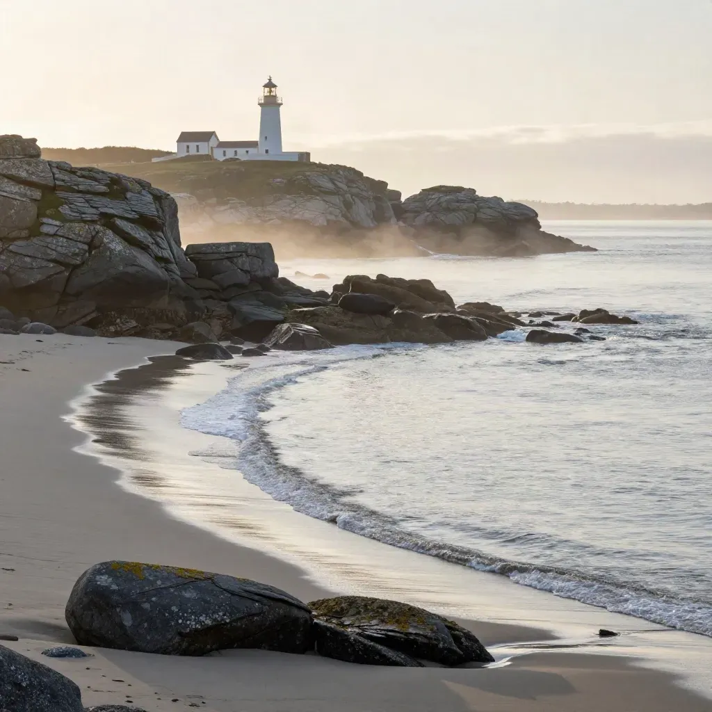 Phare sur une côte bretonne granitique, mer de brume et lumière dorée au crépuscule.