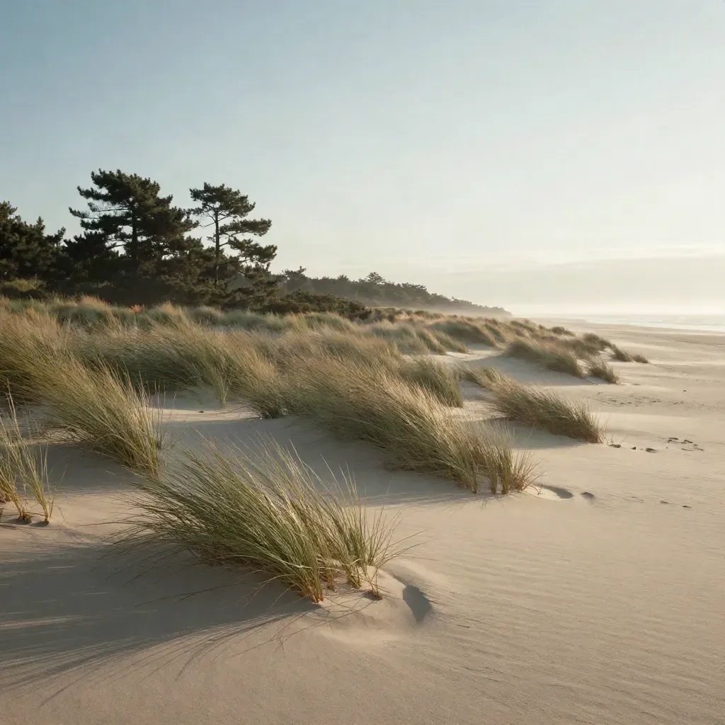 Dunes de Nouvelle-Aquitaine, herbes, pins et horizon marin sous une lumière douce.