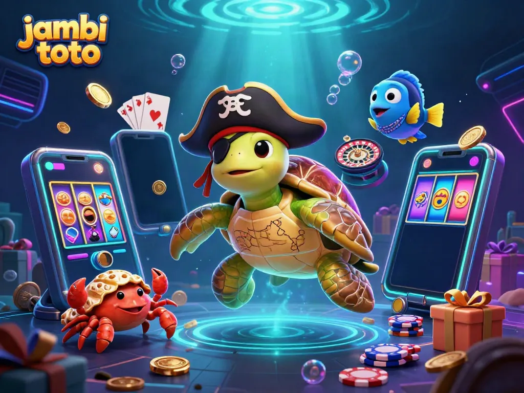 Engage in the fun world of jambi toto with a colorful scene featuring a pirate turtle, hermit crab, and dynamic gaming elements.