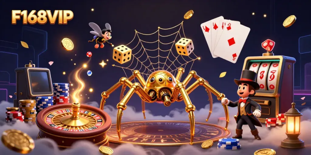 Experience F168VIP with dynamic casino action in a vibrant steampunk illustration.