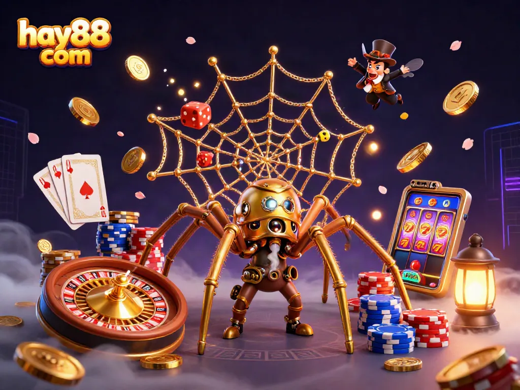 Engage in gameplay excitement with hay88 com, featuring a steampunk spider and dynamic casino elements.