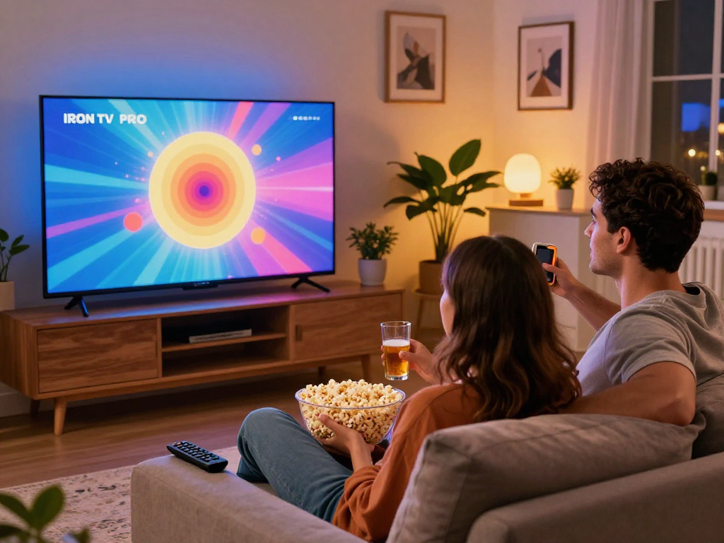 Le couple profite de l'expérience IRON TV PRO sur leur Smart TV, ambiance chaleureuse.