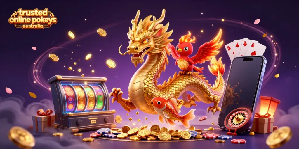 Play thrilling games with trusted online pokies Australia featuring vivid dragons and winning coins.