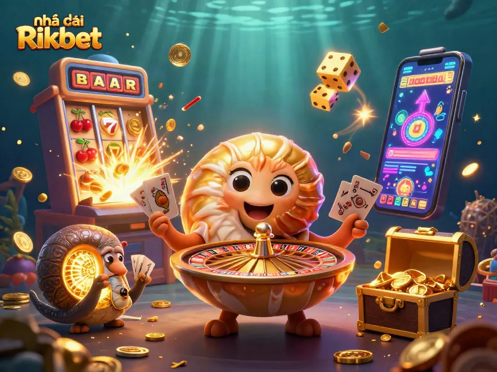Engage with Nhà cái Rikbet, featuring a vibrant 3D casino illustration full of dynamic gaming elements.