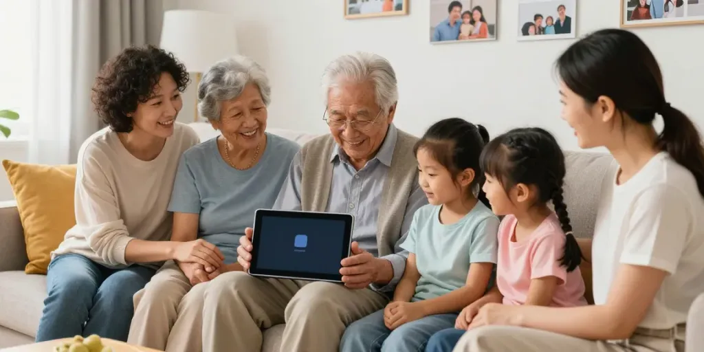 Application pour parent âgé : famille rassemblée autour d'une personne âgée utilisant une tablette pour coordonner les soins.