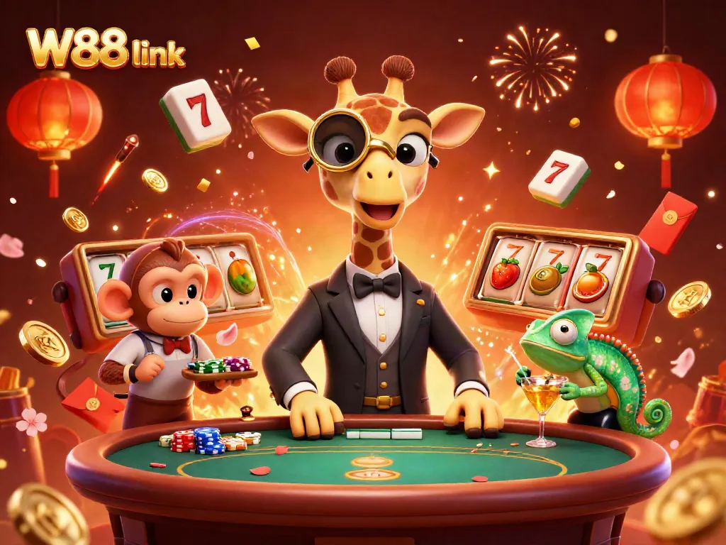 Experience the excitement at W88 link as a high-roller giraffe enjoys a VIP poker table.