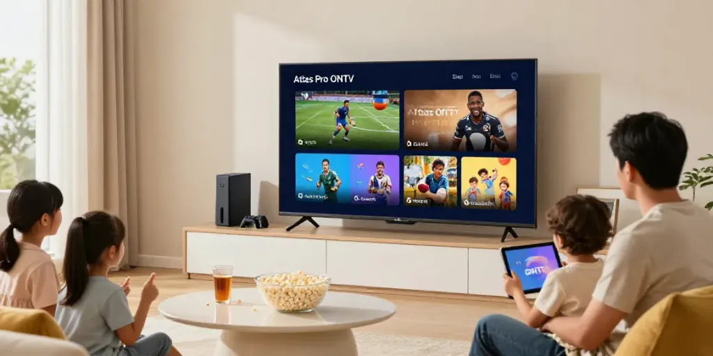 Famille profitant de l'application Atlas Pro ONTV dans un salon moderne avec une ambiance chaleureuse.