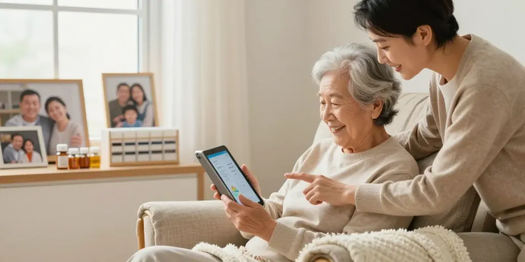 Application personne âgée famille : un proche aide une personne âgée utilisant une tablette dans un cadre familial chaleureux.