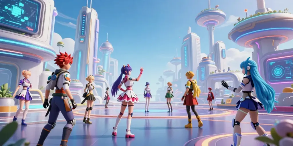 Interactive scene with diverse futa ai characters in a vibrant virtual landscape.