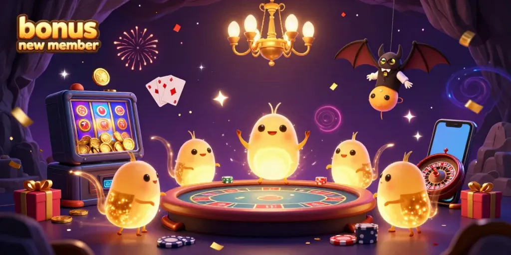 Engage with the vibrant bonus new member scene featuring glowing characters and thrilling casino elements.