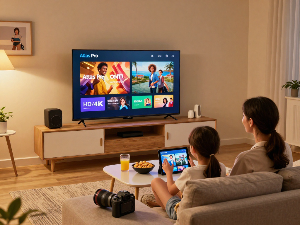 Famille profitant d'Atlas pro ontv dans un salon moderne avec télévision HD.