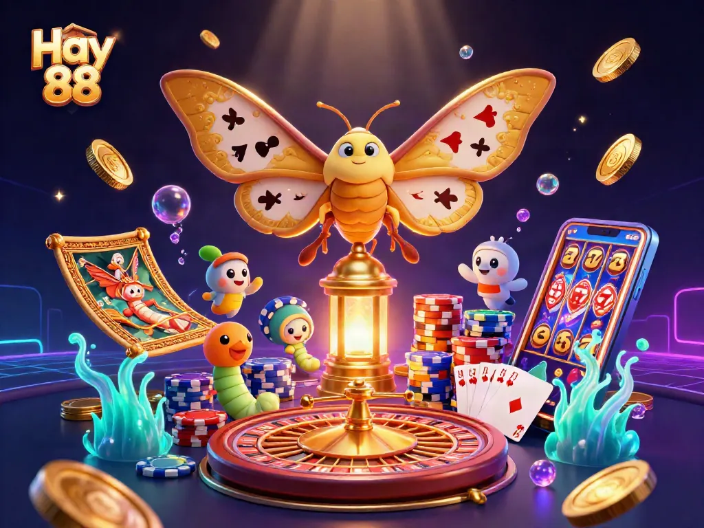 Experience the thrill of Hay 88 with a vibrant 3D casino illustration featuring golden motifs.