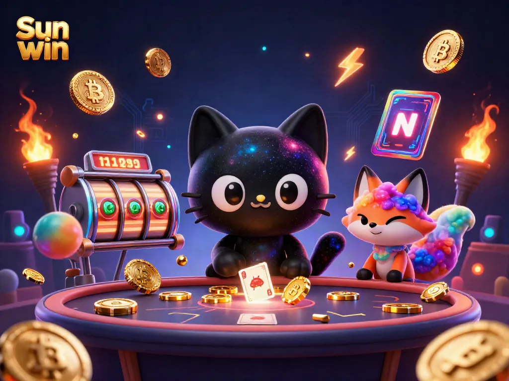 Experience thrilling gaming action at Sun win with a vibrant 3D cosmic casino scene featuring a black hole cat.