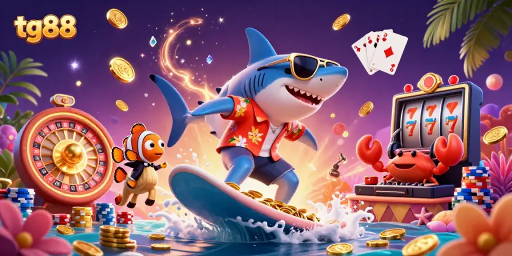 Engage in exciting gameplay with tg88 in a vibrant underwater casino scene featuring a shark, clownfish, and crab DJ.