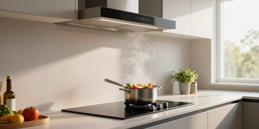Plaque induction avec hotte intégrée dans une cuisine moderne avec un chef préparant des légumes frais.