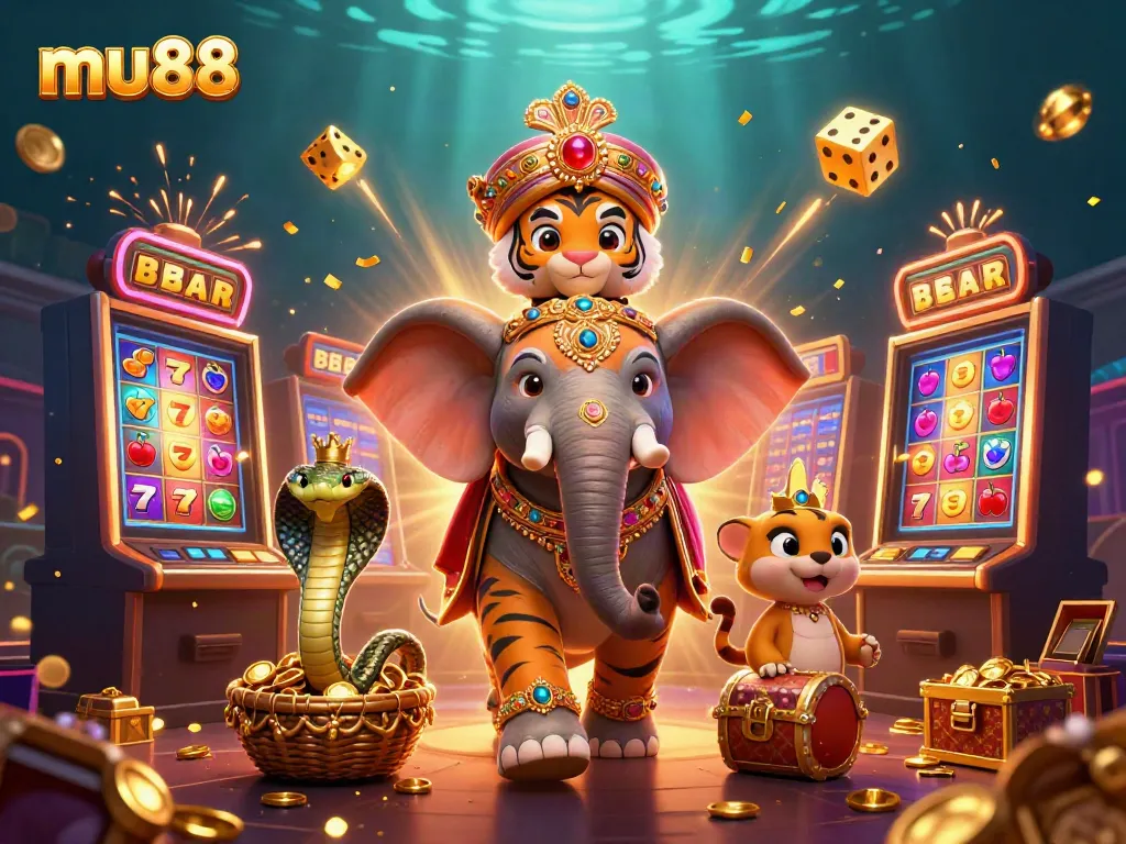 Engage with slot gaming at mu88 featuring an Indian maharaja tiger and an ornate elephant amidst a jackpot explosion.