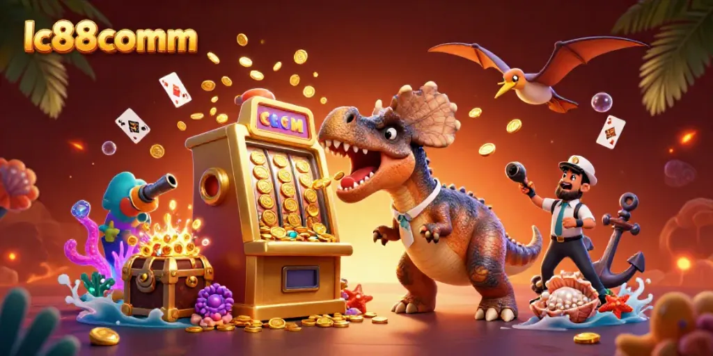 Catch jackpots with lc88comm as a pachycephalosaurus hits a golden slot machine amidst a vibrant underwater scene.